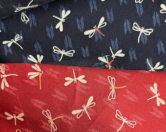 1185# Asian Style Cute Dragonfly Pattern Cotton Fabric / Patchwork Quilting Sewing Material / Red, Blue / 50cm x 110cm