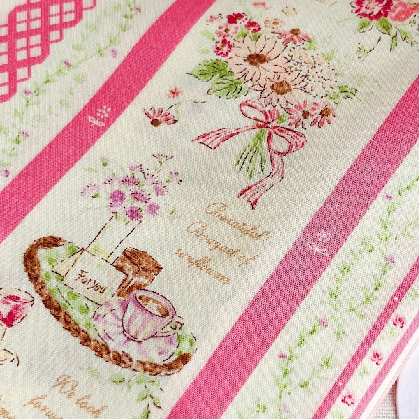 1115 # YUWA Bouquet romantique joyeux anniversaire, pique-nique de fleurs, panier à vin, tissu dentelle à rayures/50 cm x 110 cm/fabriqué au Japon/M2