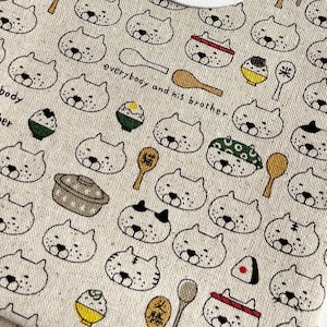 1366# Cat Face and Rice Bowl, Lovely Cooking Cat Pattern Cotton Linen Fabric/ Cat Lover Fabric/Made in Japan by Kobayashi/ 50cm x 55 cm /M