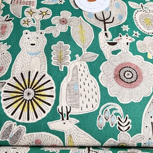1231# Orso cosmo, uccello, cervo, gatto, foresta, pianta, fiore, limone, nuvola, pioggia, tessuto di cotone con motivo luna/50 cm x 110 cm/Prodotto in Giappone/M1