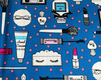 1258# Beauty Vlogger Kit, Lady's Perfume, Cosmetic, Face Powder Pattern Cotton Fabric/ DIY Sewing Fabric/ 45cm x 110cm/ Made in Japan/M
