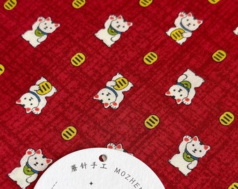 1240# Cute Lucky Money Cat, 招き猫 Lucky Waving Cat Asia Money Cat Maneki Neko Pattern Thin Cotton Fabric/ 45cm x 110cm/ Made in Japan/ M