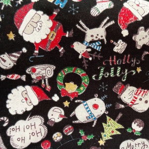 1388# Winter Holiday Happy and Joyful Gifts, Santa, Snowman, Snowflake, Cotton Fabric/ 50cm x 110cm/ Made in Japan/M