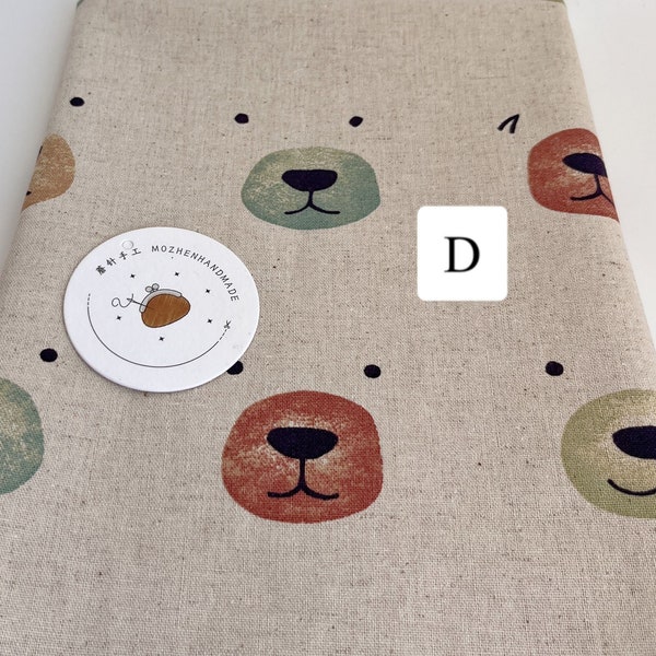 1019# Cute Bear's Face in Different Impressions Pattern Cotton Linen Fabric/ 50cm x 110cm / Made in Japan / Beige, Pink, Brown, Yellow