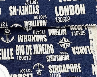 1207# Dark Navy Blue World Travel Destinations, Marine Compass, Nautical Maps, Sailor Anchor Pattern Cotton Linen Fabric / 50cm x 110cm/M