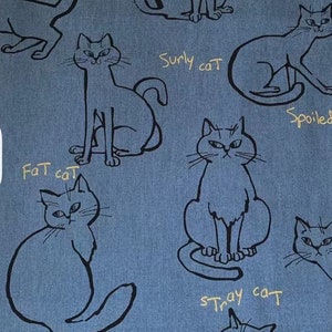 1003# Tela de algodón y lino con estampado minimalista de gato grande y mimado, gato callejero, gato delgado y gato gordo / 50 cm x 110 cm / Hecho en Japón por Cosmo/M2