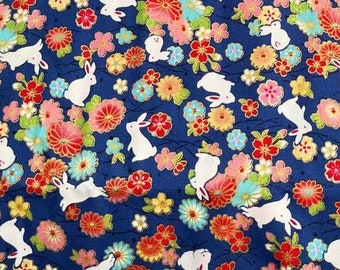 1129# Hanabi Fireworks Festival Style Cherry Blossom Sakura, Cute Bunnies Rabbit Pattern Cotton Fabric / 50cm x 110cm / Made in Japan