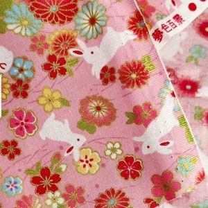 1129# Hanabi Fireworks Festival Style Cherry Blossom Sakura, Cute Bunnies Rabbit Pattern Cotton Fabric / 50cm x 110cm / Made in Japan/M