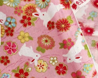1129# Hanabi-vuurwerkfestivalstijl kersenbloesem sakura, schattige konijntjes konijn patroon katoen / 50 cm x 110 cm / gemaakt in Japan/M