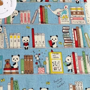 1098# Kobayashi Panda Study and Read Books in Library Pattern Cotton Linen Fabric/ 50cm x 110cm/ Made in Japan/ 小林纖維 / コットンこばやし/A6
