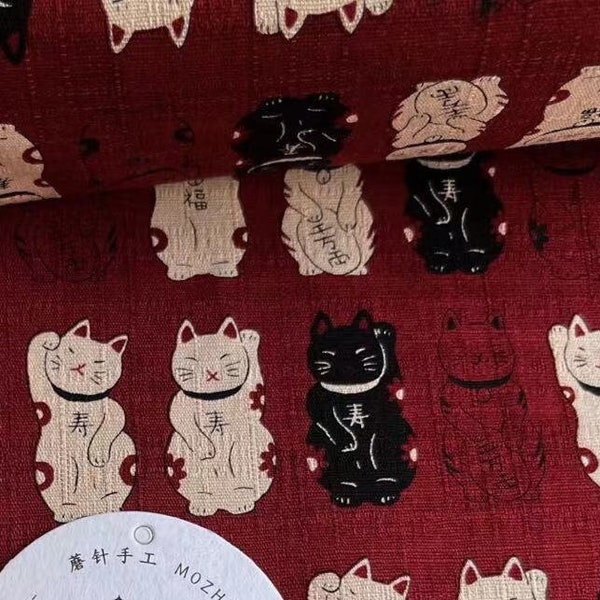 1064# cosmo 招き猫 Lucky Waving Cat Asia Money Cat Maneki Neko Pattern Japanese Dobby Cotton Fabric/ 50cm x 110cm/ Made in Japan/ M2