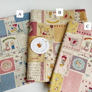 1371# Retro Cute Doll, Hansel & Grettel Young Boy Girl, Flower, Bird Cage, Poem, Check, Houndstooth Fabric/ 50cm x 110cm/ Made in Japan/ M