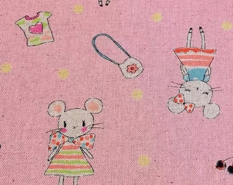 1020# LECIEN Cute Lady Mouse Wearing Dress with Bows, Pink Dot, French Fries, Pattern Cotton Linen Fabric / 50cm x 110cm/ Made in Japan/ M