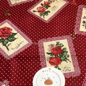 1108# YUWA Schöne Rose in Luxus Bilderrahmen, Spitze, Liebesbrief, Valentinstag und Punkte Muster Baumwollstoff/50 cm x 110 cm/Made in Japan/M