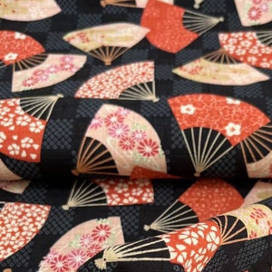 1058# Tradition Asia Red Fan with Cherry Blossom Pink Sakura Pattern Cotton Fabric/ Purple Fan Fabric/ 50cm x 110cm / Made in Japan / M