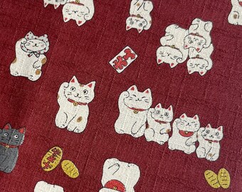 1475# 招き猫 Lucky Waving Cat Asia Money Cat Maneki Neko Pattern Japanese Dobby Cotton Fabric/ 50cm x 110cm/ Made in Japan by KOKKA/ M2