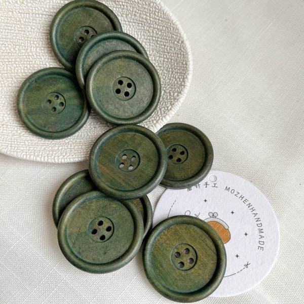 4501# 10 Pcs Textured, Rustic look Green Nature Wooden Buttons / 4 cm Width/ Large DIY Buttons/ 4-Hole Wood Button