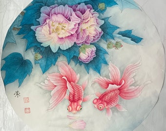 Gongbi 中国絵画工笔画、花と金魚の絵《富贵有余》中国現代画家
