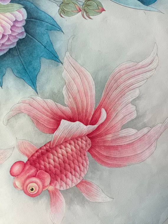 Gongbi 中国絵画工笔画、花と金魚の絵《富贵有余》中国現代画家