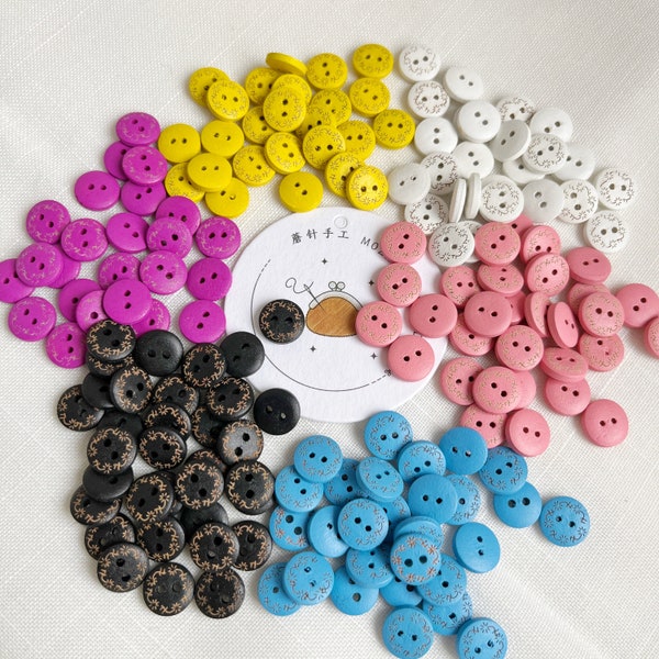 4500# 10 Pcs Colorful Engraved Wooden Buttons / Pink, Black, Yellow, White, Blue, Purple/1.2 cm Width/ Wooden Buttons/ 2-Hole Wood Button/M2