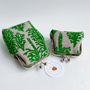 561# Handmade Flocking Green Trees  Forest Pattern with Mina Perhonen Designed Fabric Kiss Lock Purse with Leather Straps/ Small Stuff Purse