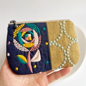 658# Handmade Sand Rose, Tambourine Circle and Metsä Forest Pattern Zipper Pouch with Mina Perhonen Designed Fabric / Embroidery Pouch