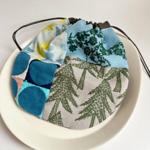664# Handmade Bird, Flower, Dot Circle, Rabbit, Forest Pattern Drawstring Pouch with Mina Perhonen Designed Fabric / Embroidery Pouch