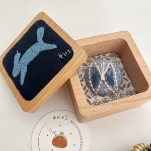 579# Handmade Mini Wood Jewelry Box with Cute Blue Rabbit Running Pattern as Cover made with Mina Perhonen Fabric, Small Stuff Storage