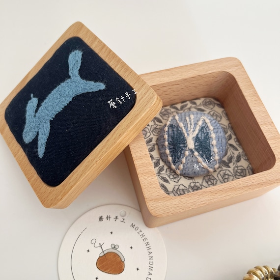 579# Handmade Mini Wood Jewelry Box with Cute Blue Rabbit Running Pattern as Cover made with Mina Perhonen Fabric, Small Stuff Storage
