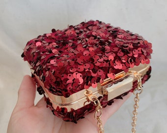 2# Handmade Sequin Glitter Party Red Clutch/ Box Shape Clubbing Purse / Sparkly Wedding Bag/ Evening Clutch in Red Sequins
