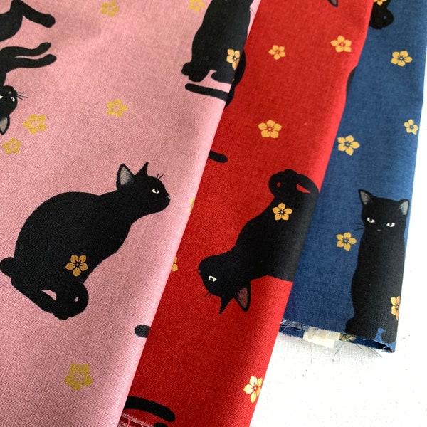 1005# Quilt Gate Black Cats and Sakura Pattern Cotton Fabric 50cm x 110cm / Made in Japan / 3 Couleurs Disponibles