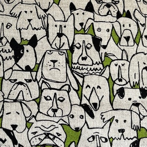 May include: A black and white illustration of a pattern of dogs on a green background. The dogs are all different breeds and sizes, and they are all looking in different directions.