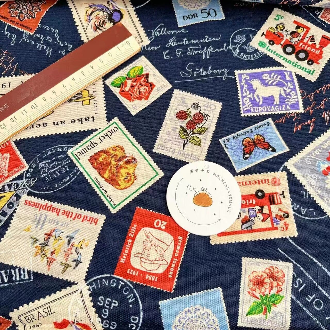 1126# International Stamps Collection Pattern Cotton Linen Fabric/ Patchwork Quilting Sewing Material/ 50cm x 110cm