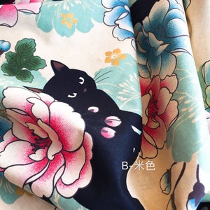 1004# Quilt Gate Retro Japan Style Sakura Peony Black Cat Pattern Cotton Fabric/ Asia Kitten/ 50cm x 110cm/ Made in Japan/M2