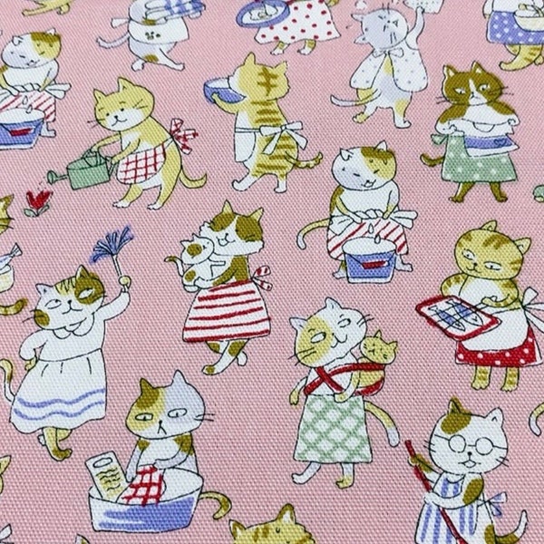 1234 # Rare Fund KOKKA Katze beim Putzen, Hausfrau Katze, Kochen, Kleidung waschen, Life Style Katze Baumwolle Leinen Stoff / 50cm x 110cm / M2