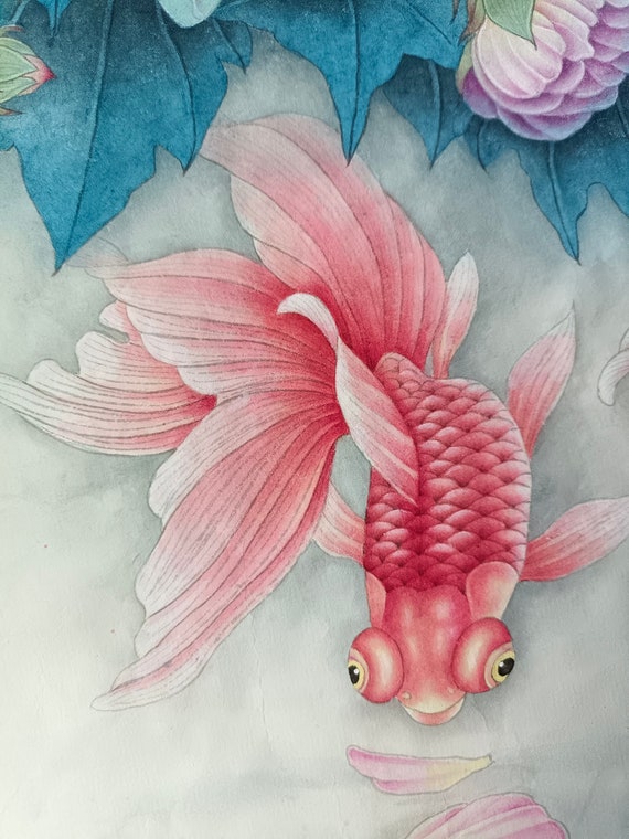 Gongbi 中国絵画工笔画、花と金魚の絵《富贵有余》中国現代画家