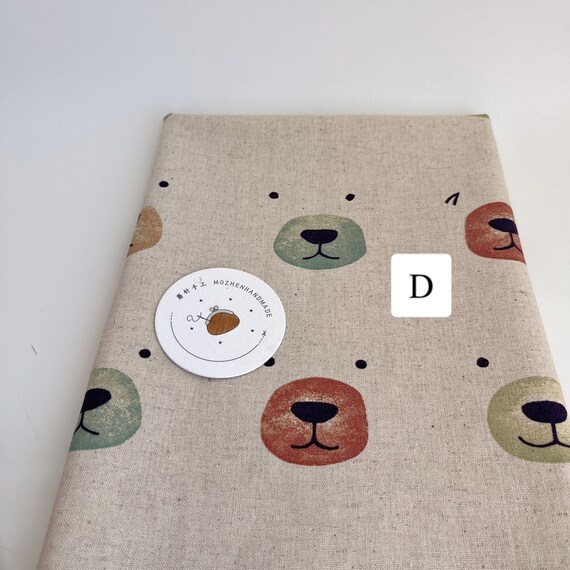 1019# Cute Bear's Face in Different Impressions Pattern Cotton Linen Fabric/ 50cm x 110cm/ Made in Japan/ Curtain Fabric, Tote Bag Fabric/M