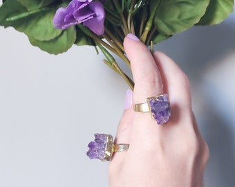 Raw Amethyst Ring in Gold, February Birthstone Ring, Birthstone Jewelry, Adjustable Gemstone Ring, Raw Crystal Ring Amethyst, Gift for her