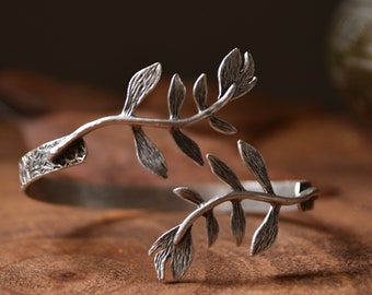 Pulsera de hoja de plata, brazalete de hoja ajustable, pulsera de doble rama de oro/plata, brazalete de hoja abierta, brazalete de plata antigua, joyería bohemia