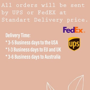 Puede incluir: Texto sobre un fondo rosa con un dise&ntilde;o floral. El texto dice: "Todos los pedidos se enviar&aacute;n por UPS o FedEx al precio de entrega est&aacute;ndar. Tiempo de entrega: * 3-5 d&iacute;as h&aacute;biles a los EE. UU. * 1-3 d&iacute;as h&aacute;biles a la UE y el Reino Unido * 3-6 d&iacute;as h&aacute;biles a Australia". Tambi&eacute;n se muestran los logotipos de FedEx y UPS.