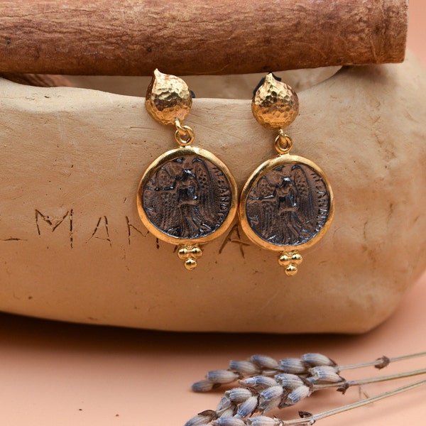 Antique Age Roman Coin Earrings, 22K Gold Filled Earrings, The goddess Athena coin, Roman Coin Earrings, Greek Jewelry