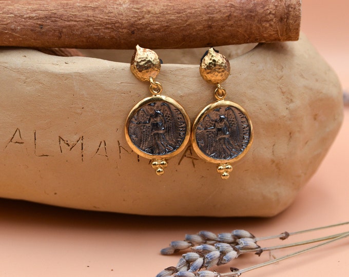 Antique Age Roman Coin Earrings, 22K Gold Filled Earrings, The goddess Athena coin, Roman Coin Earrings, Greek Jewelry