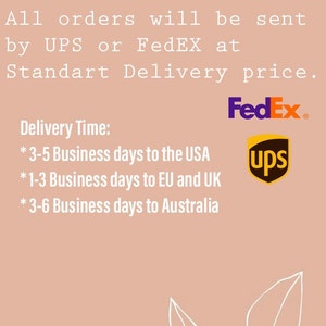 K&ouml;nnte beinhalten: Text auf einem rosa Hintergrund mit einem Blumenmuster. Der Text lautet: "Alle Bestellungen werden mit UPS oder FedEx zum Standard-Lieferpreis versandt. Lieferzeit: * 3-5 Werktage in die USA * 1-3 Werktage in die EU und nach Gro&szlig;britannien * 3-6 Werktage nach Australien". Die Logos von FedEx und UPS sind ebenfalls abgebildet.