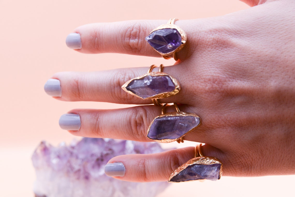Gold Raw Amethyst Ring Christmas gift for her Birthstone For Ring