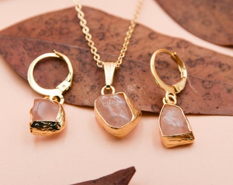 Smyckeset med rosenkvartssten, Halsband med rå rosenkvartssten i guld, Örhängen med rosenkvartssten, Mors dag-present, GRATIS PRESENTASK