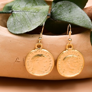 Gold Roman Coin Earrings, 22K Gold Filled Earrings, The goddess Athena coin, Minimalist Earrings, Roman Coin Earrings, Unique Gift