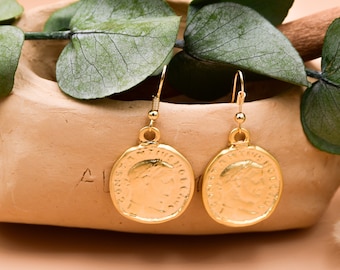 Gold Roman Coin Earrings, 22K Gold Filled Earrings, The goddess Athena coin, Minimalist Earrings, Roman Coin Earrings, Unique Gift