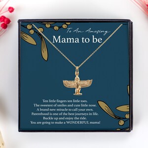 Joyas de regalo para mamá nueva, regalo de mamá por primera vez, colgante de diosa Isis, regalo para collar de mamá nueva, tarjeta de regalo personalizada para mamá, regalo del día de la madre
