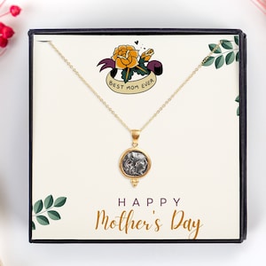 Mother&#39;s Day Gift from Daughter for Mother, Goddess Athena Coin Necklace,  Personalized Gift Card for Mom, Birthday Gift