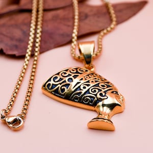 GODDESS | 22K Gold Nefertiti Stainless Steel Necklace, Queen Ancient Necklace, Egyptian Goddess Necklace, Box Chain, Layering Necklace